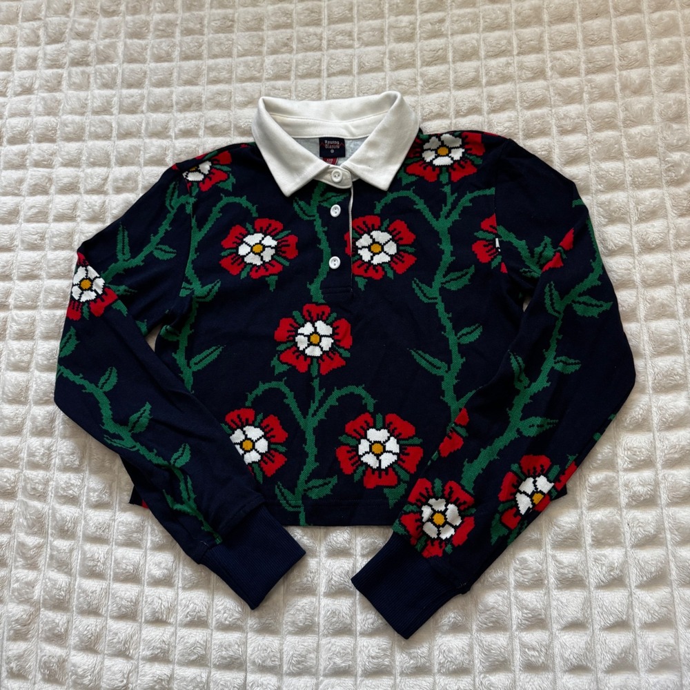 Rowing Blazers XXS Floral Roses Blue Rugby Polo Shirt Retro Y2K Coquette Target